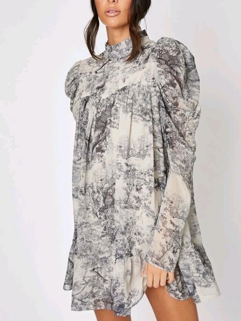 In The Style High-Neck Puff Sleeve Mini Dress in Gray Toile Size 8/M